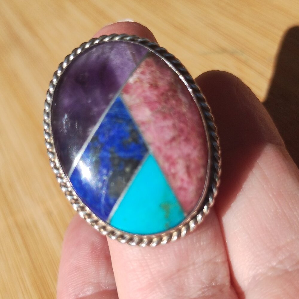 Jay King DTR multi stone Turquoise Lapis inlay ring 925 Sterling Silver size 10 - Picture 3 of 10